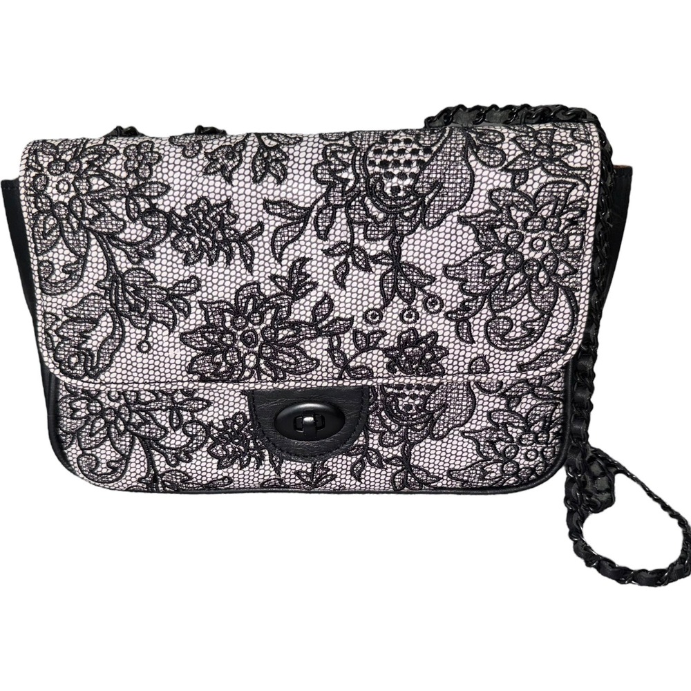 Patricia Nash Chantilly Lace Lorenza Black White Leather Shoulder‎ Bag Chain